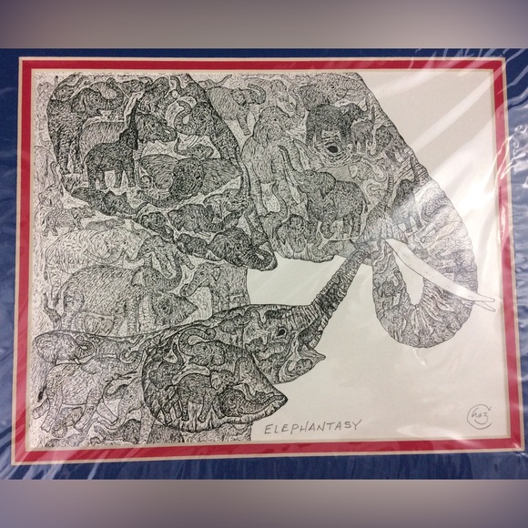 Hidden Image Ink Drawing ELEPHANTASY Signed by Artist Chaz Letzkus Elephants - Picture 2 of 6